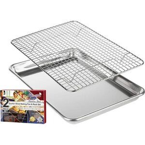 KITCHENATICS Small Quarter Sheet Baking Pan with Rack, Stainless Steel Baking